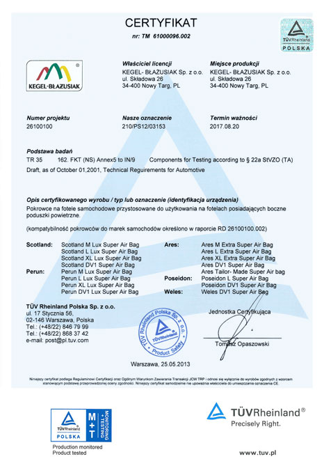 Certyfikat TÜV Rheinland Monitoring i Testing dla firmy Kegel-BAUSIAK
