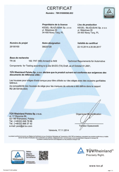 Certyfikat TUV - KEGEL-BAUSIAK