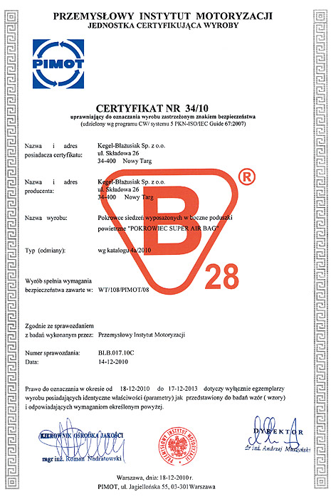 Certyfikat PIMOT - KEGEL-BAUSIAK