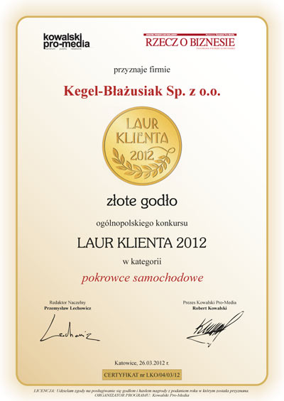 Zoty Laur Klienta 2012 dla firmy KEGEL-BAUSIAK