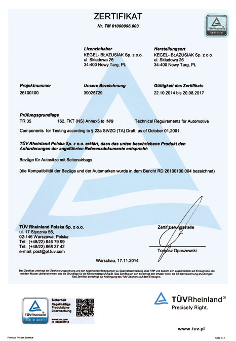 Certyfikat TUV - KEGEL-BAUSIAK