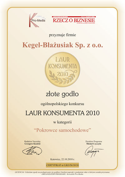 Zoty Laur Konsumenta 2010 dla firmy KEGEL-BAUSIAK